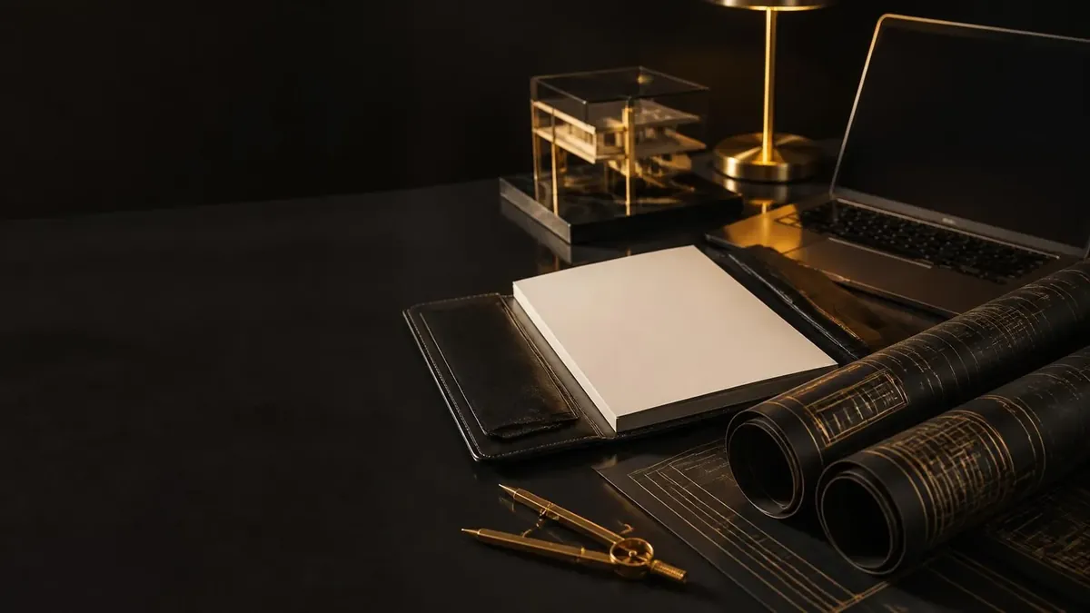 An open notebook, laptop and rolled plans on a consultant's desk