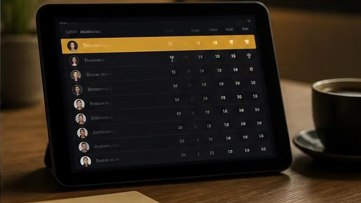A tablet showing a challenge leaderboard beside a notebook and coffee cup