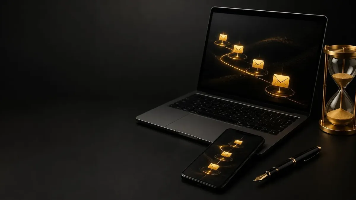 A laptop showing gold market bars beside an hourglass on a dark research desk
