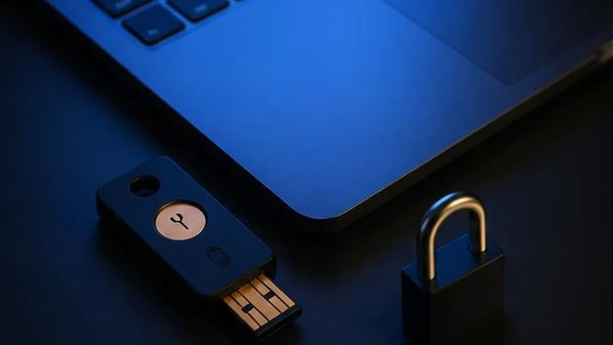 A hardware security key and a small padlock beside a laptop lit in blue