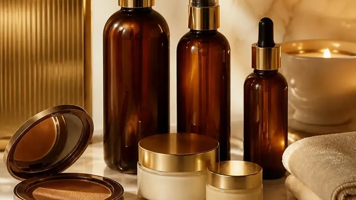 Unbranded amber product bottles and jars lined up for wholesale