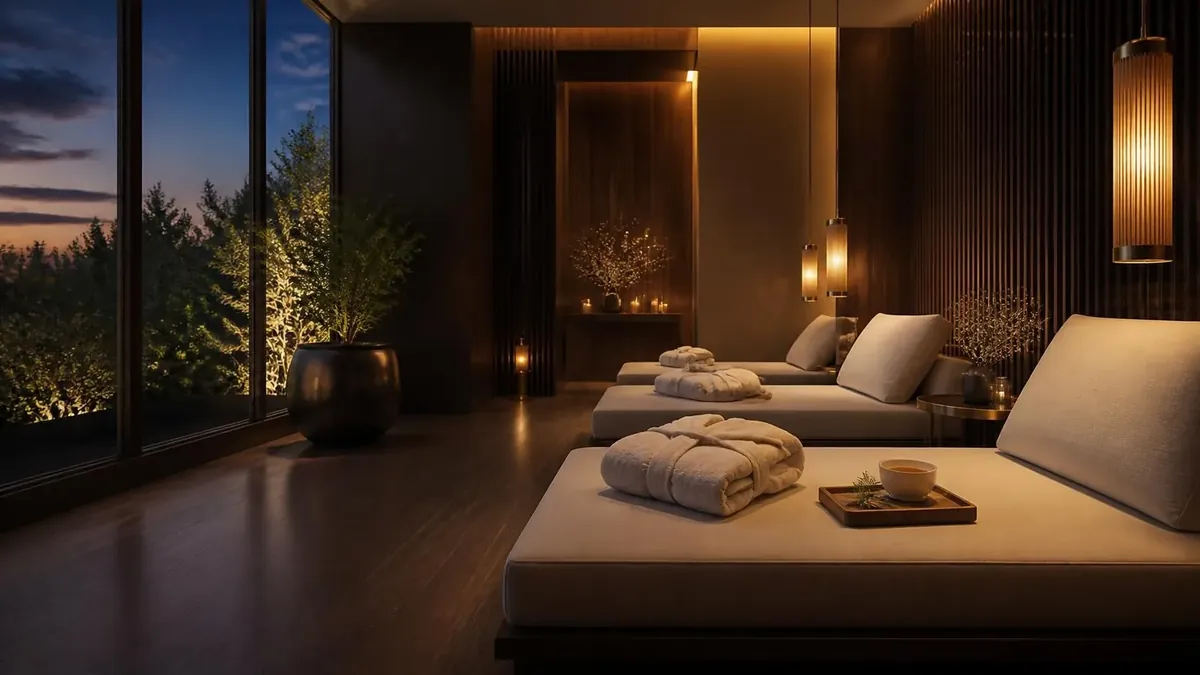 A calm spa lounge with folded towels and evening light