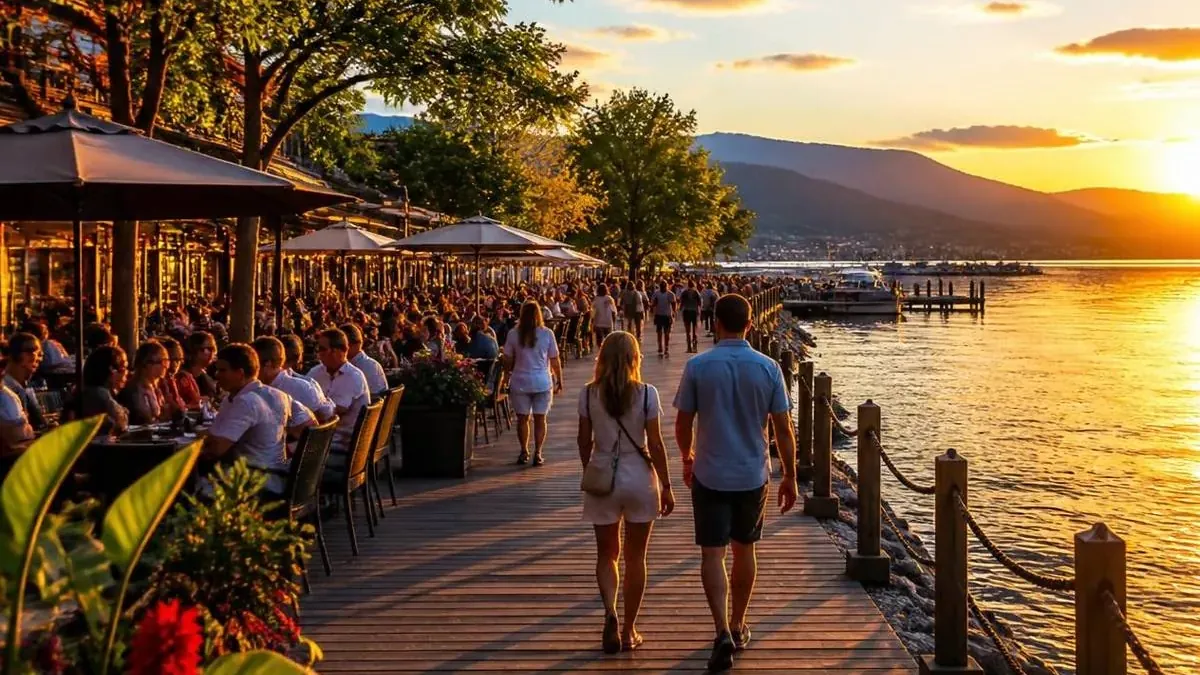 People walking a lakeside boardwalk past busy café patios at sunset