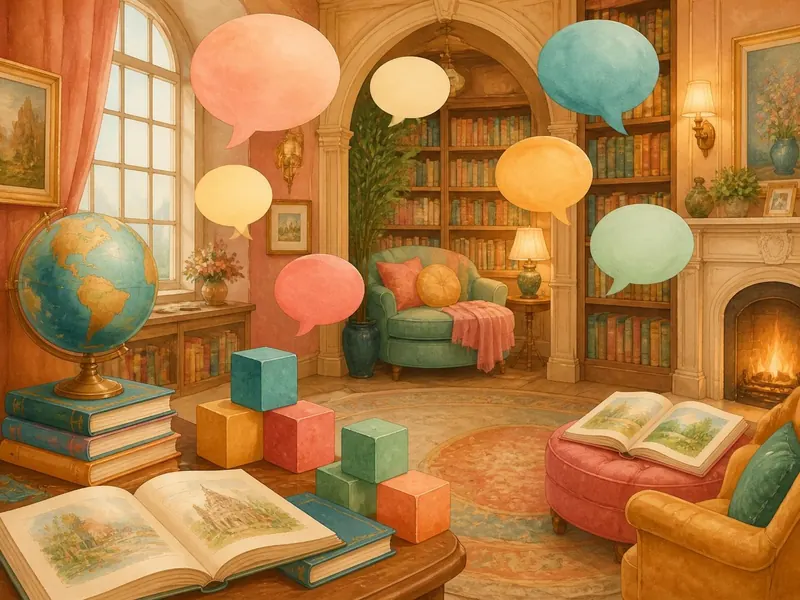 A library room with alphabet blocks, a globe and colourful speech bubbles