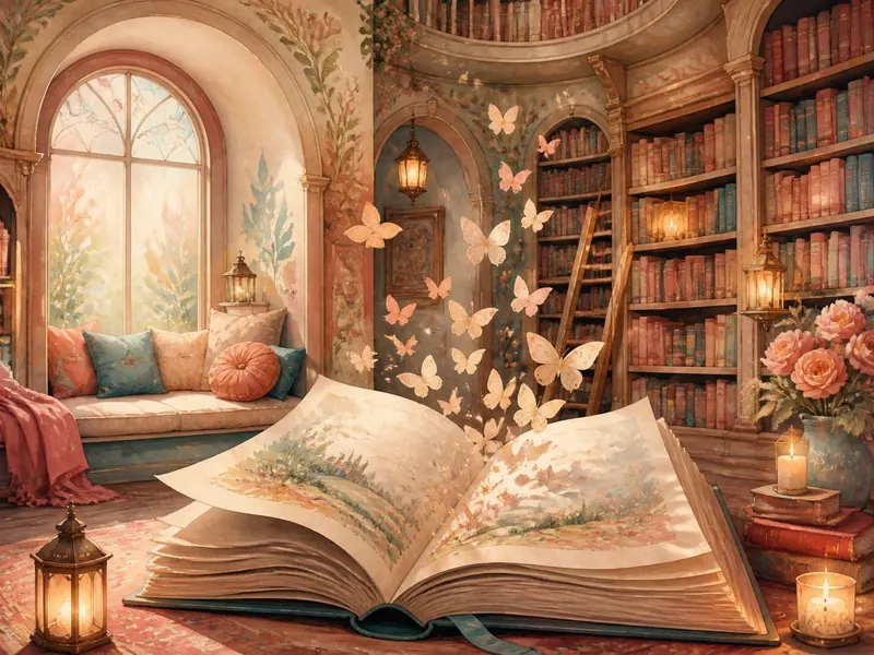 A storybook room with a giant open book and paper butterflies